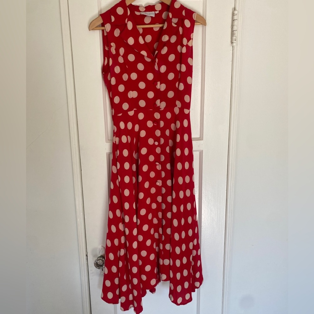 Women’s Red Polka Dot Silk Sleeveless Midi Dress